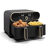 Klarstein AuraAir Color Touch Dual Heißluftfritteuse – 11L Dual-Kammer Airfryer, 1700 W, 8 Programme, Touchscreen, Weniger Fett, Antihaft, Überhitzungsschutz, Automatische Abschaltung, Schwarz/Gold