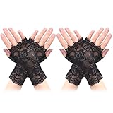 WLLHYF 2 Paar Spitzen Handschuhe Damen Schwarze Kurz Geschnittene Fingerlose Gloves Halloween Fingerhandschuhe für Mädchen Hochzeit Brautjungfer Cosplay Party Abschlussball Maskerade Zubehör