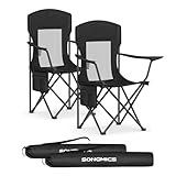 SONGMICS Campingstuhl 2er Set, Klappstuhl Outdoor, Angelstuhl, hohe Rückenlehne, verstellbare Armlehnen, Getränkehalter, klappbar, bis 150 kg belastbar, Camping Garten, tintenschwarz GCB028B02
