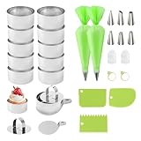 31 Stk Dessertringe und Speiseringe Set, 12 Edelstahl Speiseringe mit 2 Deckel und 2 Sockel, 8cm Edelstahl Speisering Stamper mit 2 Spritzbeutel, 6 Tüllen und 3 Schaber, für Mousses, Desserts, Kuchen