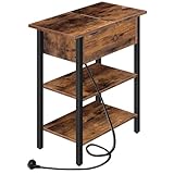HOOBRO Beistelltisch, Flip-Top Sofatisch mit Ladestation und Ablagefläche, Schmaler Nachttisch für kleine Räume, Schlafzimmer, Wohnzimmer, Stabile, Dunkelbraun EBF342BZ01