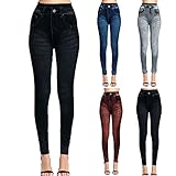 Generisch Leggings Damen Jeansoptik Gedickt oder dünn Hohe Taillen Leggings mit Bund Mode Shaping Leggins Dehnbar Formende Treggings Streetwear Hosen