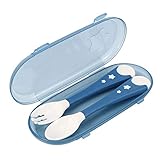 Acouto Baby-Utensilien-Set, Ergonomische Löffel-Gabel Zum Selbstfüttern, Tragbares Einteiliges Formteil mit Reiseetui, Geeignet für Kleinkinder über 9 Monate (BLUE)