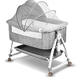 NIKYJM Beistellbett Baby,3 in 1 Babybett 6 Fach Höhenverstellung und Neigungsverstellung mit Bremse Stubenwagen Baby Tragbares Kinderbett für Zuhause und Unterwegs