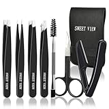 SWEET VIEW 7 Stück Pinzetten-Set, Augenbrauenzupfer für Frauen und Männer Gesicht, Braue, Kinn, eingewachsene Haare (Schwarz)