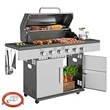 Outsunny Gasgrill 8500BTU Grillwagen inkl 6 Edelstahl-Brenner Rolle Thermometer Druckminderer Gasschlauch Deckel Seitenablagen, BBQ Gartengrill für Balkon, Camping-Grill 141 x 55 x 110 cm