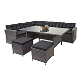 Mendler Poly-Rattan-Garnitur HWC-A29, Gartengarnitur Sitzgruppe Lounge-Esstisch-Set Sofa + 2X Hocker - grau, Kissen grau