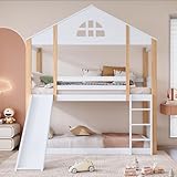 HAINEW Kinderbett Etagenbett 90 x 200cm mit Rutsche und Rausfallschutz, Hausbett Hochbett Holzbett mit Fenstern und Dreistufige Winkelzugleiter für Kinder oder Jugendliche, Ohne Matratze, Weiß+Natur