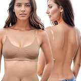 Transparenter Rücken-BH, Rückenfreier Bügel-BH mit transparenten Trägern, Baumwoll-Tanz-Sport-Bralette für Mädchen und Frauen(D384,Beige,L)