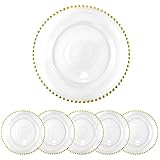 StarLuckINT 6er-Pack Platzteller aus Kunststoff mit Perlen, runde Kunststoff-Platzteller, 33 cm, elegante Dekor-Essteller, für Partys, Hochzeiten, Veranstaltungen, Abendessen, Dekoration (Gold)