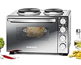 ROMMELSBACHER KLEINKÜCHE KM 3300-2 Gussheizplatten, 30 Liter Backraum, Oberhitze, Unterhitze, Umluft, Drehspieß, 3 Einschubebenen, Doppelverglasung, Spiegelglas-Front, 3250 Watt, silber/schwarz