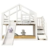WEALTHOUSE Baumhaus Etagenbett mit Rutsche und Treppe, Massivholz-Konstruktion mit Aufbewahrungsschubladen und Lattenrosten, Fensterdesign mit Sicherheitsgeländer, Spielbett im Hausstil mit Leiter