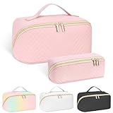 2-teiliges Reise Kosmetiktasche Damen PU Leder Kulturbeutel Set Groß Kosmetiktasche Aesthetic Make up Bag Beauty Bag PU Leather Cosmetic Bag für Kinder Mädchen, Rosa