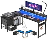 ODK Schreibtisch L Form mit Schubladen, 174x100cm Eckschreibtisch mit Regal Reversibler, Gaming Tisch mit LED & Monitorständer, Computertisch Bürotisch für Arbeitszimmer Schlafzimmer, Schwarz