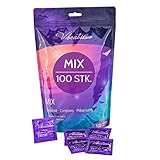 VIBRATISSIMO Kondome Mix 100er Pack gemischt I gefühlsecht & extra feucht I Condoms for Men I Kondom-Beutel dünne Wandstärke & Aromatisiert I Kondome hauchzart genoppt & gerippt