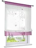 Raffrollo mit Schmetterling Bestickt Gardine Tunnelzug Transparent Voile Vorhang (BxH 80x140cm, Violett)