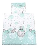 TupTam Unisex Baby Wiegenset 4-teilig Bettwäsche-Set: Bettdecke mit Bezug und Kopfkissen mit Bezug, Farbe: Mond mit Elefant/Mint, Größe: 80x80 cm