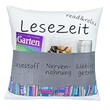 KAMACA Originelles Dekokissen Lesezeit mit 3 Taschen 43x43 cm Kuschelkissen für Sofaabend & Filmabend Kissen zum Befüllen Geschenkidee für Leseratten Rentner Männer Frauen & Couchfans (Lesekissen)