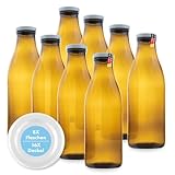 FLASCHENBAUER – Milchflaschen 1 Liter – 8x Glasflaschen 1 Liter – Twist-Off-Deckeln + Ersatz TO48 – Saftflasche, Smoothie Flasche & Weithalsflasche – Robust, temperaturbeständig [Braune-Flasche]
