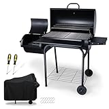 Holzkohlegrill Offset Smoker (Grill + Abdeckung), Joyfair BBQ Barrel Grill mit 770Sq.In. Kochbereich, schwerer Stahl & extra dicke Gestelle, Thermometer & verstellbare Holzkohlewanne, mit Schutzhülle