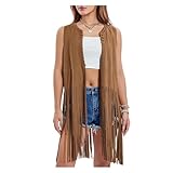 UJEDFHV Fransenvest Damen Damen Lange Weste Kostümmantel Vorne Offen Ärmellos Cowboy Stil Jacken Weste Oberbekleidung(XXXL)