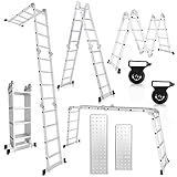 Herrselsam Mehrzweckleiter 4x4, 7in1 Multifunktionsleiter 470CM Alu Vielzweckleiter Klappleiter mit 2 Plattform und Räder, Haushaltsleiter Max Belastung 150kg, Multifunktionsleiter 16 Sprossen