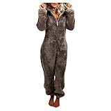 Caxndycing Damen Fleece Schlafoverall Strampelanzug Nachtwäsche Loungewear Schlafanzug Reißverschluss Große Größen Ganzkörperanzug Warm Plusch Nachtwäsche Fuzzy Fleece Pyjama Set