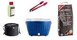 LotusGrill Starter-Set Classic 1x Grill Tiefblau mit USB-Anschluß, 1x Buchenholzkohle 2,5 kg, 1x Brennpaste 200ml, 1x Zange (Farbe nach Vorrat), 1x Transport-Tragetasche - der raucharme Holzkohlegrill
