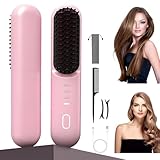 AIRCADIA Kabellose Glättbürste, 3D Tragbare Mini-Haarglätterbürste, 140-200℃ 4 Temperatureinstellungen, Negativ Ionen Haarglättungskamm, gerade und lockig mit Haarspange und Stielkamm 2025 Rosa