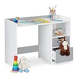 Relaxdays Schreibtisch Kinder, HBT 60 x 80 x 38 cm, 2 Schubladen, offenes Fach, Tischrand, Kinderschreibtisch, weiß/grau