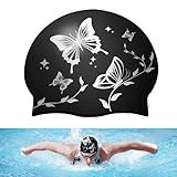 Badekappe Damen und Badekappe Herren, wasserdichte Silikon Badekappe, Badekappe Mädchen Lange Haare, Erwachsenen Schwimmkappe mit Ohrschutz, Weiche, Elastisch, rutschfest, Modisch, Bequem, mit Muster