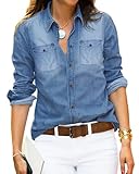 Vetinee Damen Jeansbluse Damen Langarm Jeansbluse Bluse Blau Lapis-Air Größe Medium Passt EU Größe 38 bis EU Größe 40