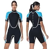 Owntop 1,5mm Shorty Neoprenanzug Damen Herren Kurz - Rücken-Reißverschluss Wetsuit zum Tauchen Surfen, Kurzarm Taucheranzüge Stretchen Neopren für Wassersport, Damen Blau XXL