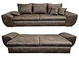 Vintage Big Sofa mit Schlaffunktion und Bettkasten, XXL Trend Couch 275 cm breit, Wellenunterfederung, Liegefläche 148x194 cm, Mikrofaserstoff in Leder-Optik in Braun / 18008