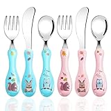 6-teiliges Kinderbesteck, Kinder Besteckset mit süßem Muster, 2 Messer, 2 Gabeln, 2 Löffel, Kinderbesteck Edelstahl mit Rundem Griff für Jungen Mädchen (Blau, Pink)