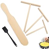 MOAZIFI 5er Crepes Teigverteiler Set aus Buchenholz - 3 T-Teigverteiler (9/12/18 cm), Flacher Crepes Wender, mit Silicone Brush, Perfekt für Crêpes und Pfannkuchen, Praktische Größen für jeden