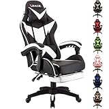 xRace Gaming Stuhl, Bürostuhl, Ergonomischer Pc Stuhl, Gaming Sessel aus Leder mit Lendenwirbelstütze, Verstellbarer Drehbarer, Task Stühle mit Fußstütze und Kopfstütze, Weiß