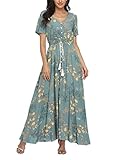 VOGMATE Boho Kleid Damen Lange V-Ausschnitt Kurzarm Blumen Maxikleider Damen Sommer Strandkleid Sommerkleid Herbstkleid Partykleid Blumenkleid Elegant mit Schlitz