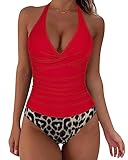 SUUKSESS Frauen Sexy Neckholder Tankini Badeanzug Schlankheits Bauchweg Badeanzug, 06 Red Leopard, Large