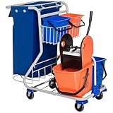 HOMCOM Putzwagen Reinigungswagen mit 2 x 18L & 2 x 6L Eimern Wischwagen Haushaltswagen mit Mopp-Presse, Aufbewahrungskorb, Blau Orange 93 x 80 x 97 cm