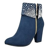 Woaikeyu Dicker Absatz, Damen-Stiefel, Strass, warm, bequem, modisch, runder Kopf, seitlicher Reißverschluss, Stiefel, blau, 37 EU