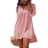 Figarge Strandkleid Damen Bikini Cover Up V-Ausschnitt Baumwolle Strandtunika Sommer Pareos Button Down Strandponcho Badeanzug Strand (DE/NL/SE/PL, Alphanumerisch, XL, Regular, Regular, Rosa)