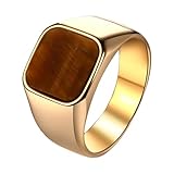 JewelryWe Tigerauge Ring Siegelring für Herren: Gold Edelstahl Herrenring Quadratischer Fingerring mit Braun Tigerauge-Stein Vintage Statement Ring für Hochzeit Geburtstag Jubiläum Größe 65
