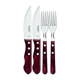 Tramontina Jumbo Steakbesteck, Set 4-teilig, mit 2 Steakmessern und 2 Steakgabeln, Edelstahl, Holzgriff, FSC (Rot)