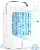 Klimaanlage Mobil, 4-in-1 Mobiles Klimagerät, 900ml Wassertank Luftkühler mit Wasserkühlung, 3 Windgeschwindigkeiten & 2 Feuchtigkeits Modi, 90°Oszillation, Timer, 7 Farben Licht für Zuhause