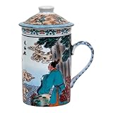 Keramik Teetasse mit Deckel + Sieb für Losen Tee mit Asiatischem Motiv (Meeresblick, 508) Japanische Chinesische Tasse Für Teeliebhaber, Porzellan Kaffee Geschenk Set Asien Asia Becher Haferl