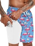 Atforna Badehose Herren Kurz Badeshorts 2 in 1 Board Shorts Schnelltrocknend Schwimmhose Männer Strand Surfen Strandhose mit Tasche Flamingo Blau L