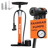 Fahrradpumpe Luftpumpe Fahrrad für alle Ventile - 11 Bar / 160 Psi Standluftpumpe mit Manometer - Standpumpe für Rennrad, E-Bike, Mountainbike - Fahrrad Pumpe für Französische Ventile (Orange-1)