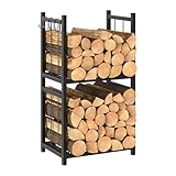 Shinoske Kaminholzregal Metall für innen, Brennholzregal Feuerholzregal mit 4 Haken für Kamin & Ofen, Kaminholzständer mit 2 Ablagen, Kaminholzlager Innen & Außen, 44 x 30.5 x 82 cm