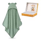 FUCHSUNDPANDA ® Kapuzenhandtuch Baby EXTRA dick, warm & weich | 75x75cm Babyhandtuch mit Kapuze (100% Bambus) | Baby Handtuch Kapuze mit toller Geschenkverpackung (Kupfer-grün)